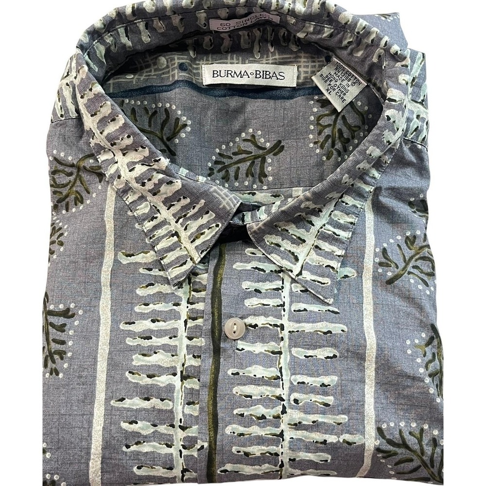 Burma Bibas Mens XL Cotton Lawn Short Sleeve Button Front Shirt Grey Vintage